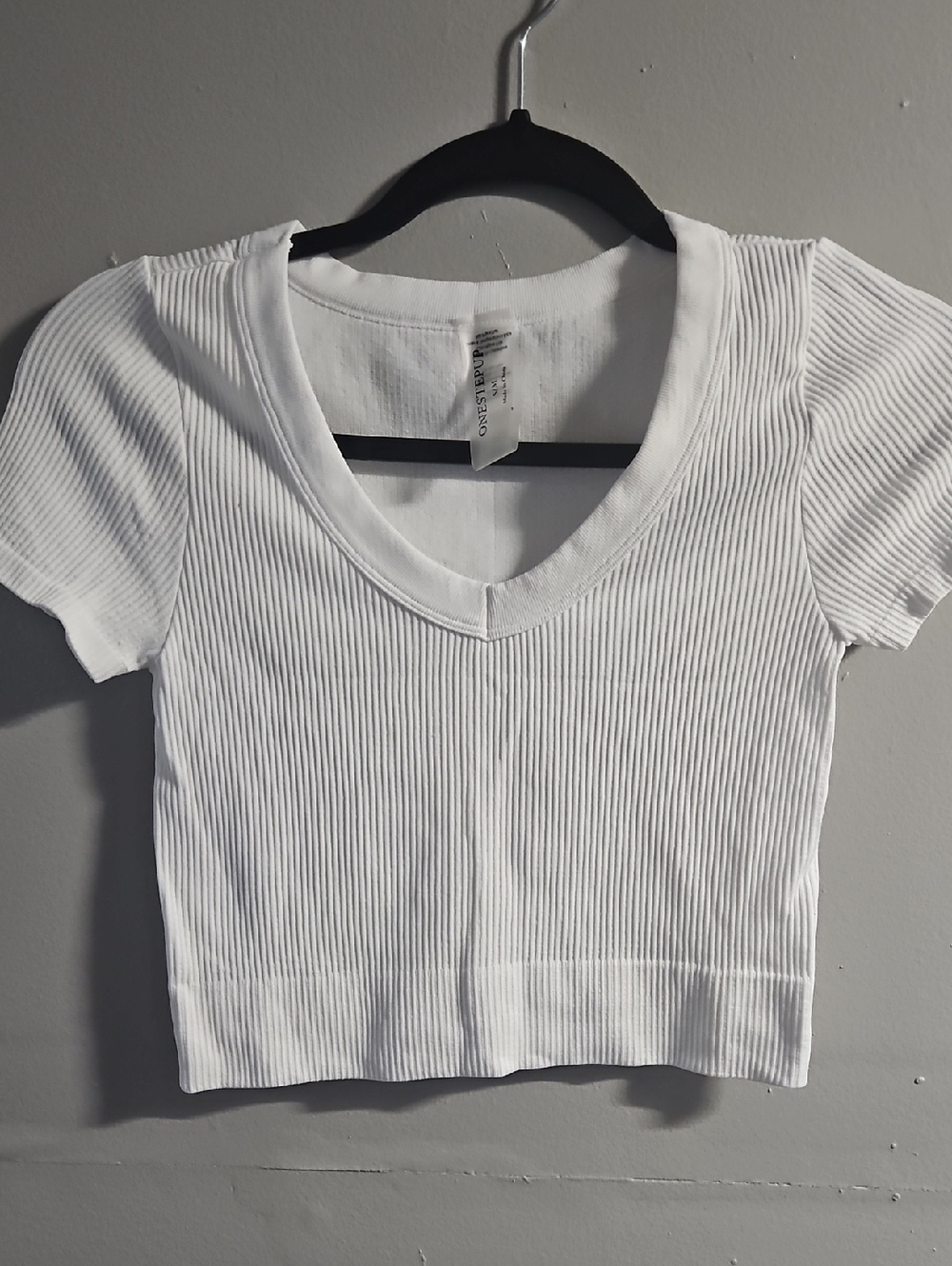 One Step Ahead White Ribbed V-Neck Crop Top
